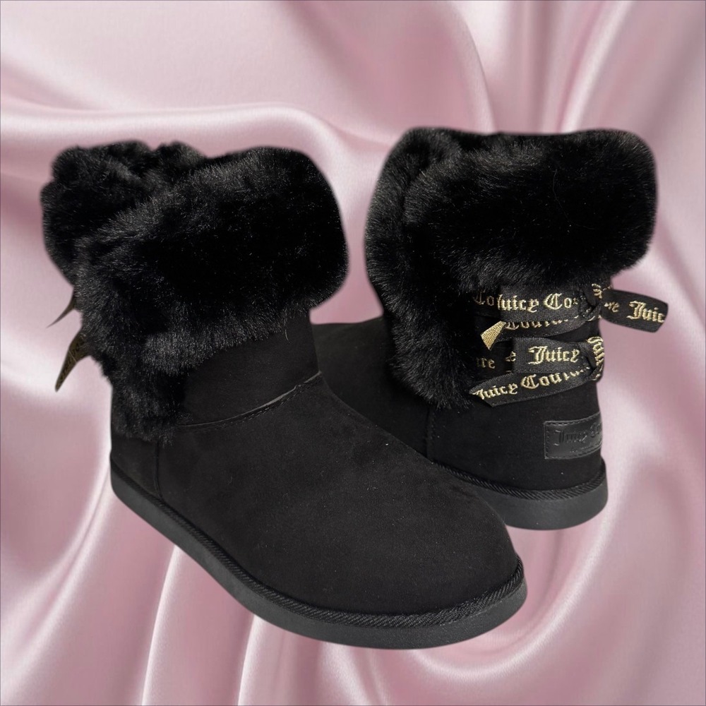 Juicy Couture Black Faux Fur Bow Mini Boots‎ Cozy Y2K Size 9 Coquette Grunge